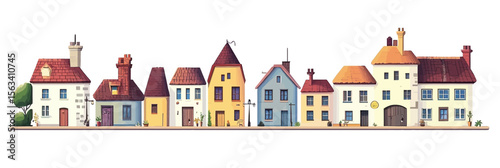 Colorful row of charming small town houses and cottages with various architectural styles lined up on white background flat minimalistic vector illustration