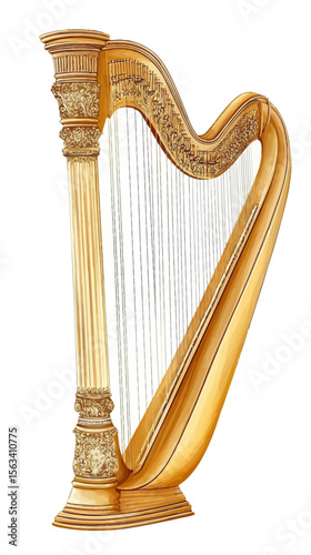 Golden classical harp with detailed ornate column and strings elegant musical instrument for orchestra or solo performances vector illustration isolated on white background