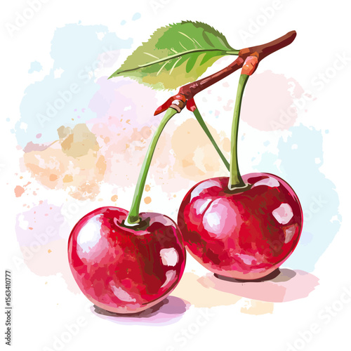 Two fresh ripe red cherries with green leaf and stems realistic watercolor style isolated on white background