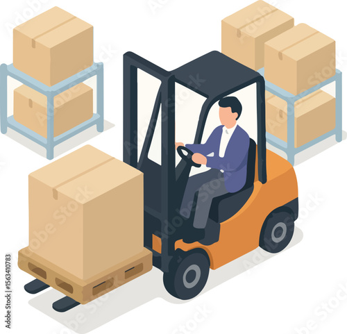 Isometric Detailed Forklift Truck Machine with Boxes Stacks in Warehouse Illustration
