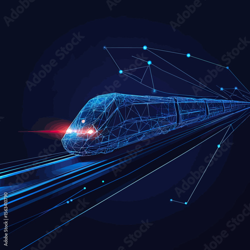 Futuristic digital wireframe high speed train with glowing headlights and connected nodes on dark background technology concept