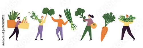 Casual people carrying fresh organic vegetables including carrot broccoli onion and leafy greens in flat minimalist vector style healthy lifestyle concept illustration