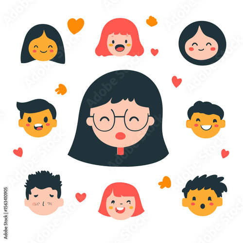 Set of diverse cartoon happy and cheerful children faces with different hairstyles and expressions in flat minimalist vector style with hearts and emotion symbols around