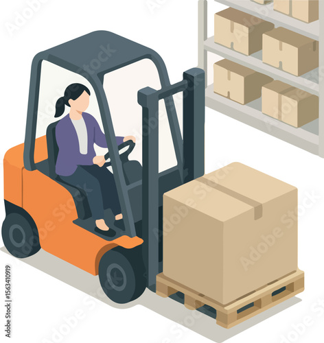 Isometric Detailed Forklift with Operator and Box Warehouse Equipment Illustration