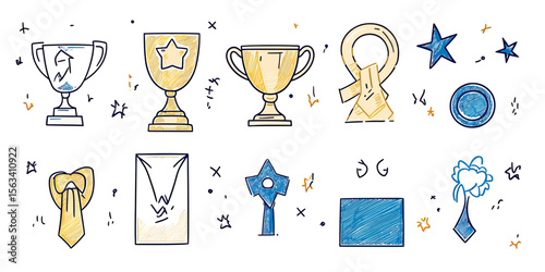 Hand drawn winner trophies medal ribbon award certificate icons set with stars and confetti doodle sketch style vector illustration for champion success celebration