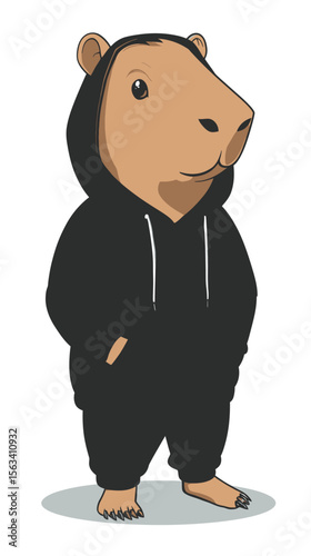 Cute anthropomorphic capybara wearing black hoodie and sweatpants standing upright full body cartoon vector illustration in flat minimalist style