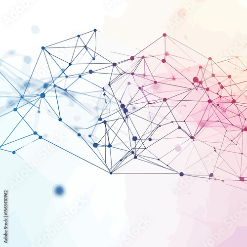 Abstract network connection with polygonal lines and dots on soft gradient background representing digital data flow and connectivity concept in low poly style vector illustration