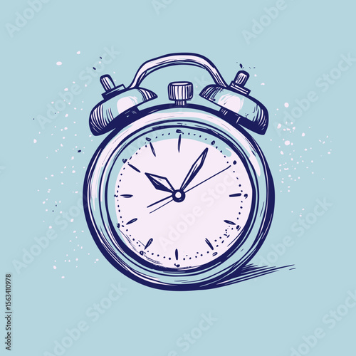Hand drawn vintage alarm clock doodle sketch with two bells ringing on pastel blue background minimalist vector illustration of retro timer watch for time management concept art
