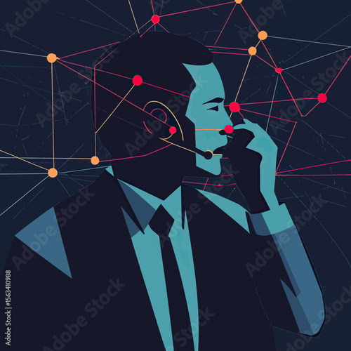 Businessman with headset communicating in call center network connection concept flat vector illustration with abstract digital communication lines and dots background