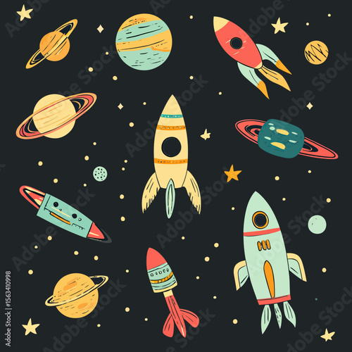 Hand drawn cartoon rockets and colorful planets with stars in outer space flat minimalist vector illustration for kids science and space exploration concept background