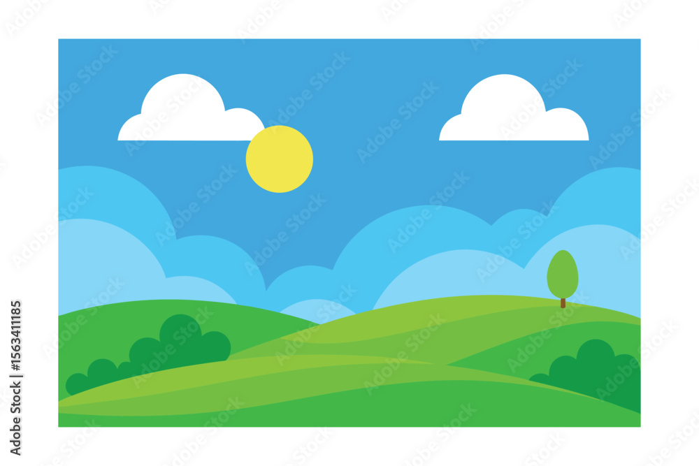 Fototapeta premium Idyllic Landscape Illustration: A vibrant, colorful illustration of a peaceful landscape, featuring rolling green hills, a bright sun, fluffy clouds, and a solitary tree.