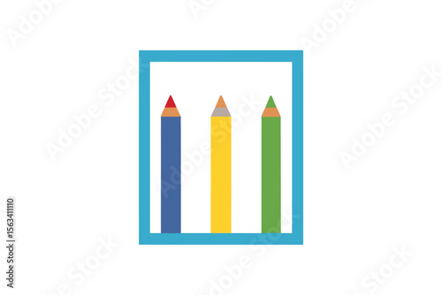 Colorful Pencils in a Frame: A vibrant composition features three pencils of different colors, each sharpened and poised within a rectangular frame, a study in simplicity and artistic potential.