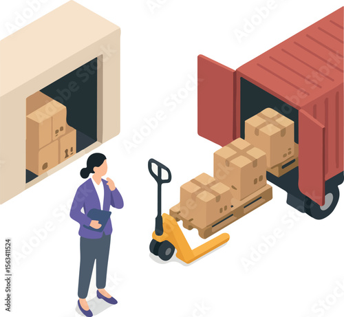 Isometric Illustration Boxes Loaded into Truck for Storage Concept