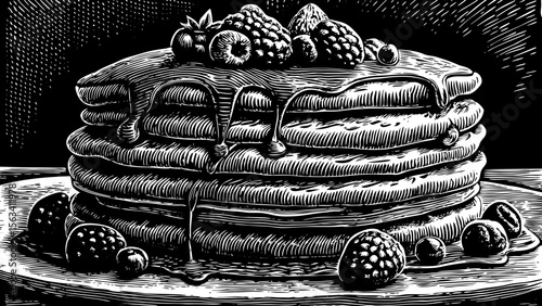 stack of pancakes with dripping syrup and berries, perfect for breakfast-themed packaging, recipe books or food branding a black and white line art illustration