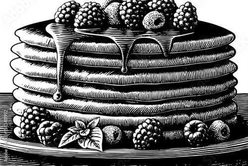 stack of pancakes with dripping syrup and berries, perfect for breakfast-themed packaging, recipe books or food branding a black and white line art illustration