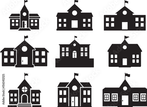 Collection of School Icon Representations: Black and White Buildings with Flags
