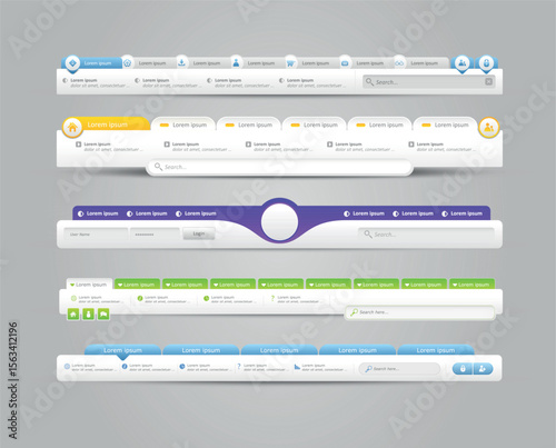 Vector illustration of navigation menu. Horizontal vector menu. UI element. Web Design Menu Navigation Bar Website Header Element Glossy and Matte.
