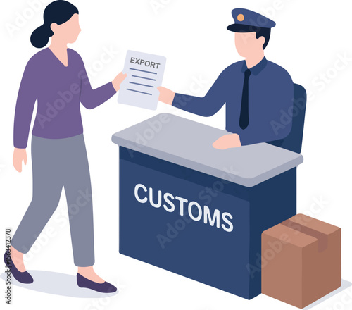Isometric Illustration of Woman Handing Document at Customs Inspection Desk