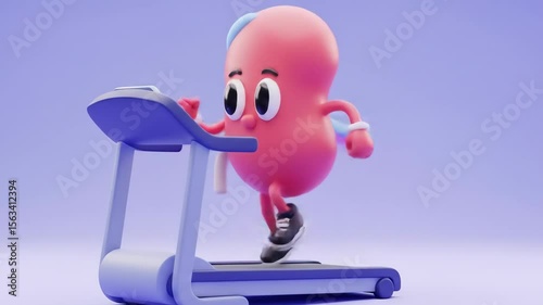 A cartoon kidney character is running on a treadmill, exercising for health and fitness.