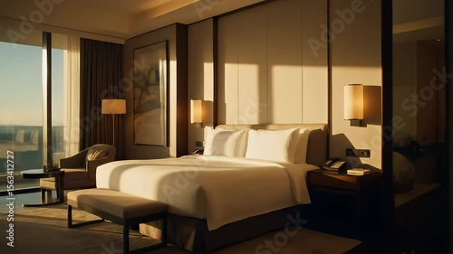 Luxurious Hotel Suite: A Sun-Drenched Bedroom with City Views and Modern Design