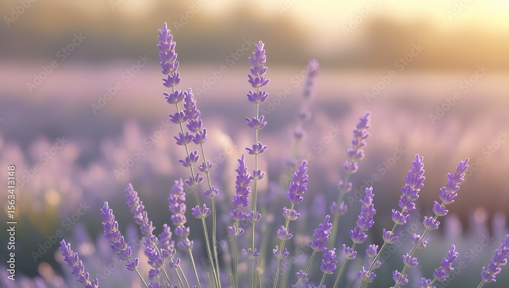 Obraz premium A field of lavender flowers in soft focus with a golden light in the background during the daytime