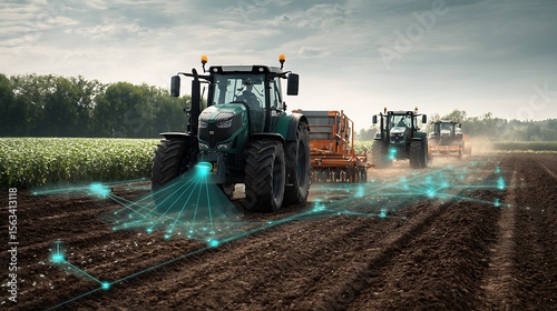 Smart farm tractors networking high resolution photo