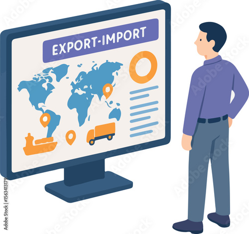 Isometric Detailed Export Import Presentation with Man Character Business Concept