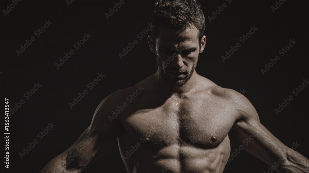 Naklejka premium Dramatic lighting unveils the sculpted physique of a muscular man on black