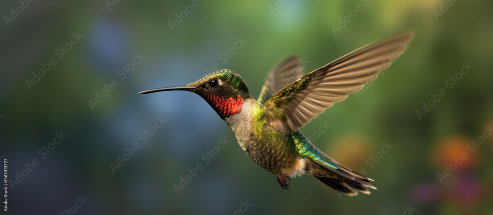 Fototapeta premium Green ruby-throated hummingbird in flight, hovering near a flower, a small avian with ruby wings and a long beak