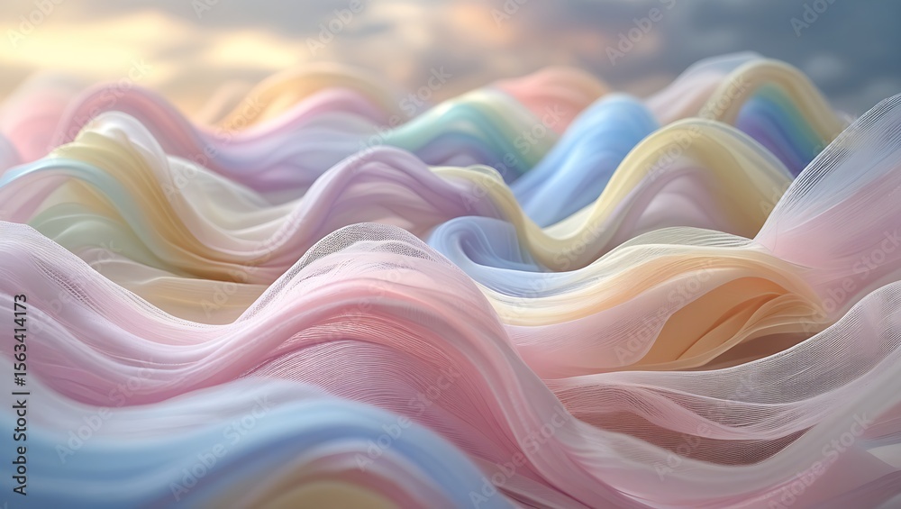 Fototapeta premium Pastel colored fabric waves with pink blue yellow and white hues in a soft dreamy abstract landscape