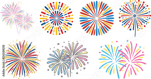A seamless floral pattern with colorful vector fireworks, stars, and snowflakes, perfect for festive art and Christmas decorations
