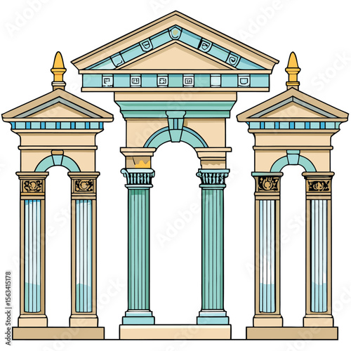 Vector Illustration Three Classical Style Beige and Teal Stone Columns Archway Entrance
