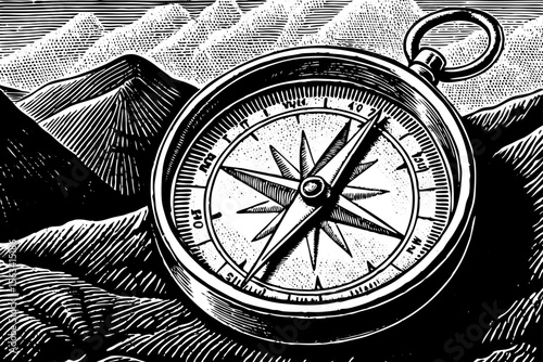 compass with north markings and a mountain in the background, ideal for explorer branding, travel gear designs or motivational prints a black and white line art illustration