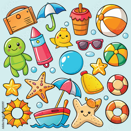 Vibrant Cartoon Summer Collection Beach Toys Starfish Boat Sunglasses Ice Cream Umbrellas Life Preservers