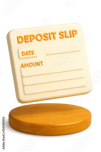 3D rendered deposit slip form icon with text fields for date and amount, isolated on white background. Perfect for finance, banking, and accounting visuals