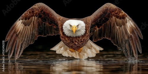 Majestic bald eagle swoops down over calm water during golden hour, showcasing powerful wingspan and fierce gaze