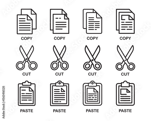 Copy, Cut, Paste Icons Set, Standard UI Command Symbols, vector illustration