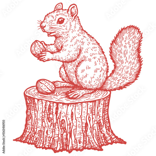 A cute squirrel on a tree stump holds a nut. Vector illustration of a forest animal in a classic retro engraving or woodcut style.