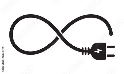 Black Infinite Power Cord with Plug Icon, vector illustration