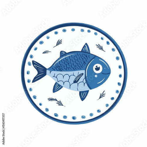 Minimal vector image of a ceramic plate with a blue fish, Sicilian pottery. Ideal for kitchen decor or Mediterranean-themed prints
