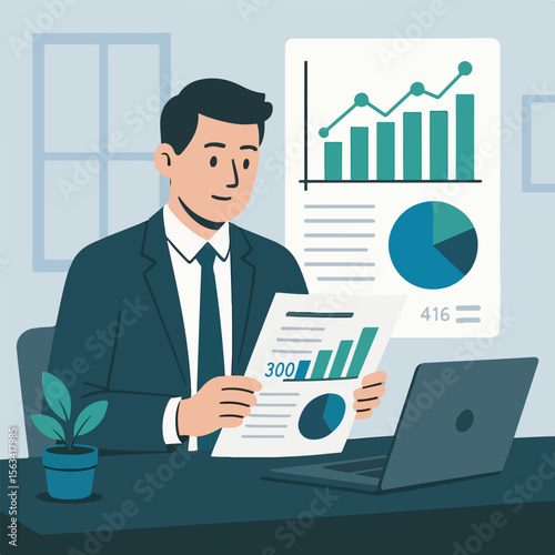 Businessman works on a laptop, analyzing financial growth charts in an office setting