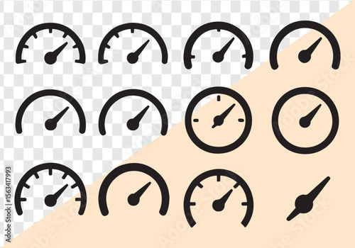 Black gauge icons with pointers indicating measurement dial speedometer