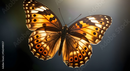 A golden butterfly with intricate patterns, beautifully displayed against a dark background.