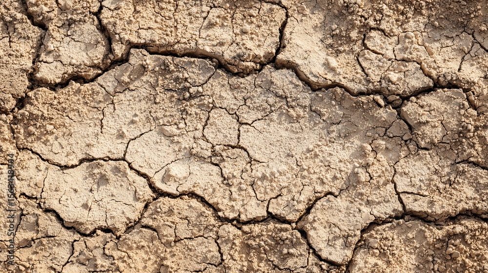 Fototapeta premium Dry cracked earth texture with deep fissures showing geological layers, drought and climate change concept, arid landscape and global warming effects.
