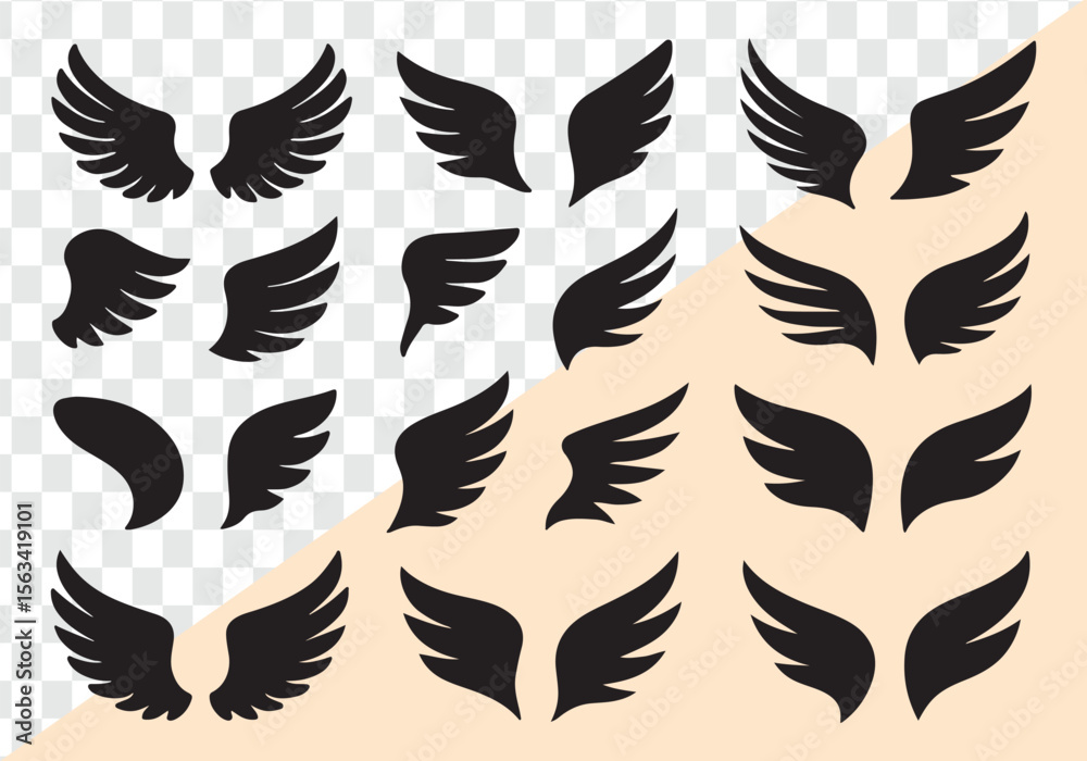 Fototapeta premium Collection of black wing silhouettes various styles wings feather