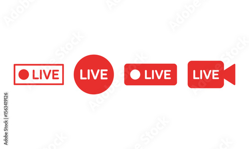 Red Live Stream Recording Button Icons Set, vector illustration