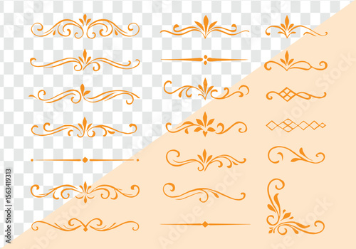 Ornate decorative flourishes and dividers in orange vector