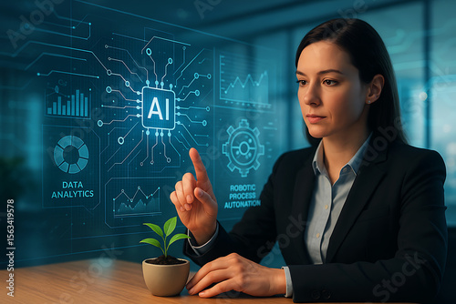 Businesswoman using digital AI interface with futuristic analytics and interactive data screen