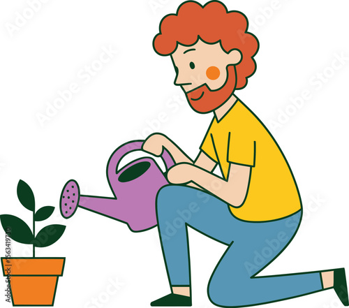 Vector illustration of a cartoon man watering a small potted plant.