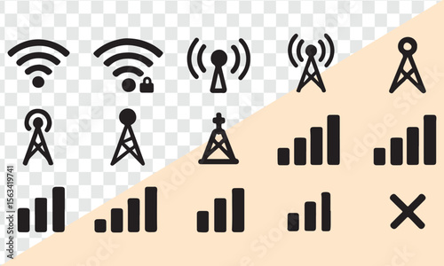 Wireless signal strength and network tower icons wifi bars